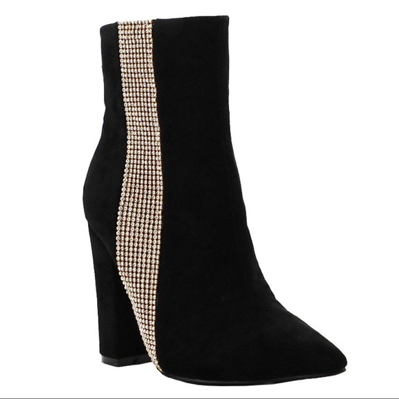 Black Suede Rhinestone Ankle Boot - Picture 2 of 6